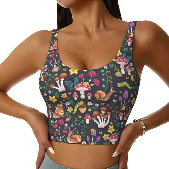 Sports Bras for Women High Support -Mushrooms Snails Butterflies Soft Athletic Crop Workout Tank Top for Women