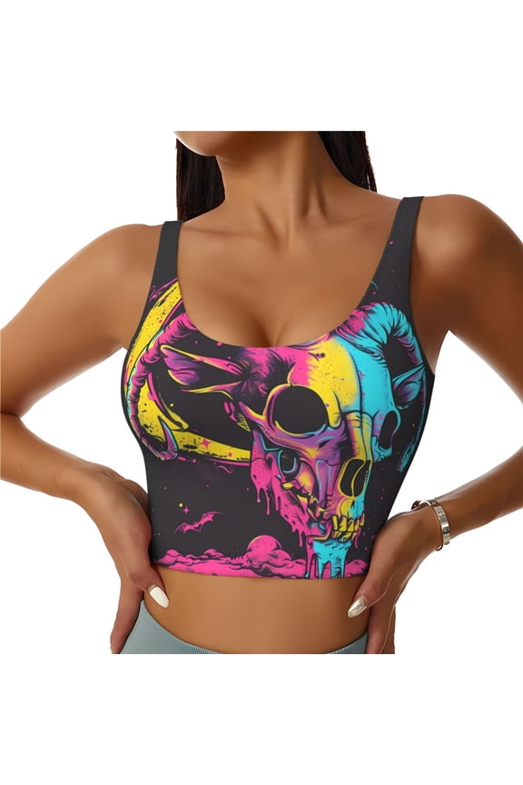 Sports Bras for Women High Support -Neon Gothic Skull Moon Soft Athletic Crop Workout Tank Top for Women