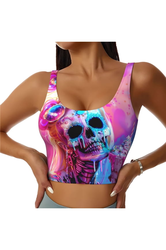 Sports Bras for Women High Support -Neon Skull With Milkshake Soft Athletic Crop Workout Tank Top for Women