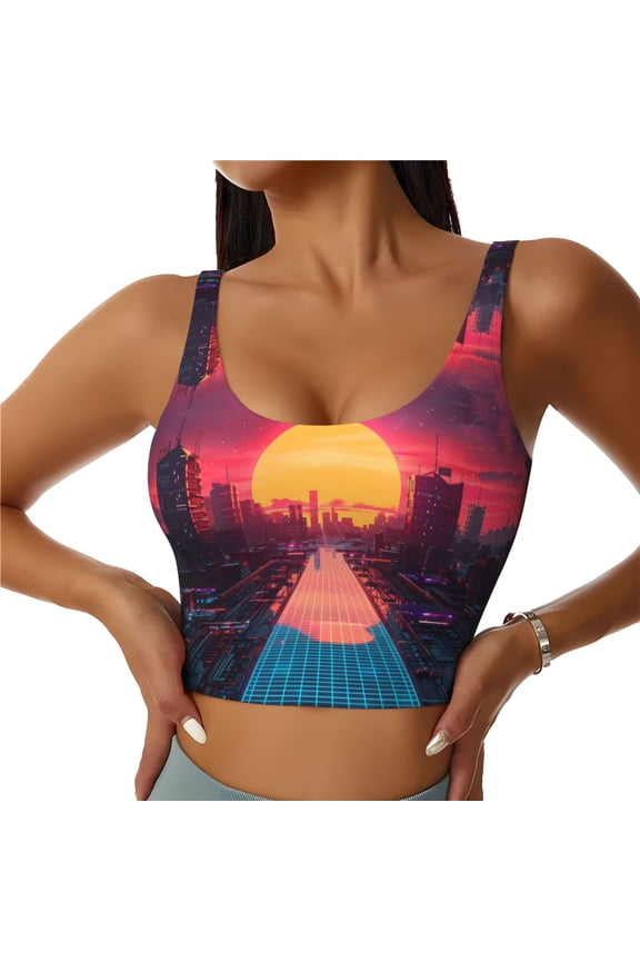 Sports Bras for Women High Support -Neon Sunset Cyberpunk Cityscape Soft Athletic Crop Workout Tank Top for Women
