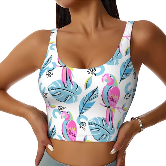 Sports Bras for Women High Support -Painted Cute Parrot Monstera Soft Athletic Crop Workout Tank Top for Women