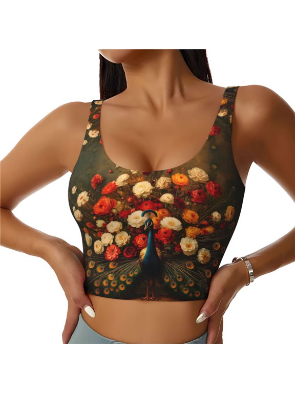 Sports Bras for Women High Support -Peacock Floral Bloom Soft Athletic Crop Workout Tank Top for Women