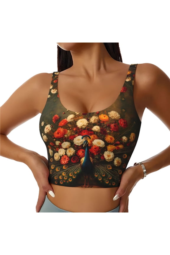 Sports Bras for Women High Support -Peacock Floral Bloom Soft Athletic Crop Workout Tank Top for Women