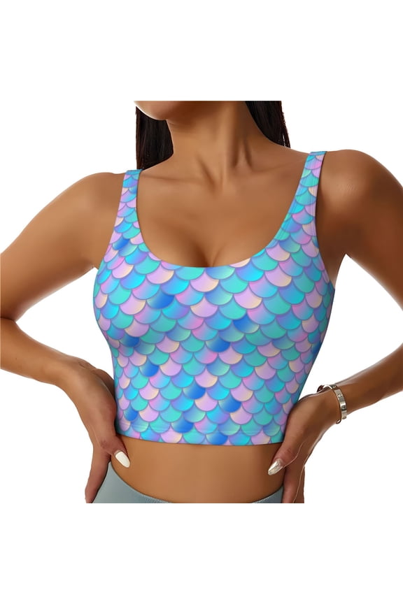 Sports Bras for Women High Support -Pink Blue Bright Fish Scale Soft Athletic Crop Workout Tank Top for Women