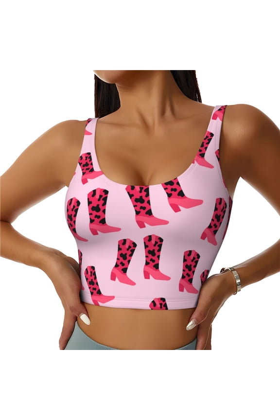 Sports Bras for Women High Support -Pink Cowgirl Red Boots Western Soft Athletic Crop Workout Tank Top for Women