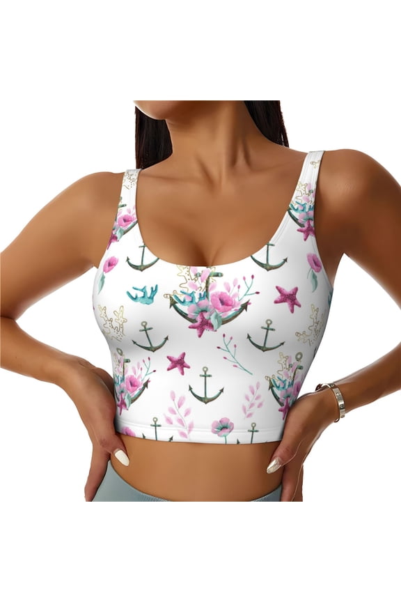 Sports Bras for Women High Support -Pink Flowers Anchor Starfish Vintage Soft Athletic Crop Workout Tank Top for Women