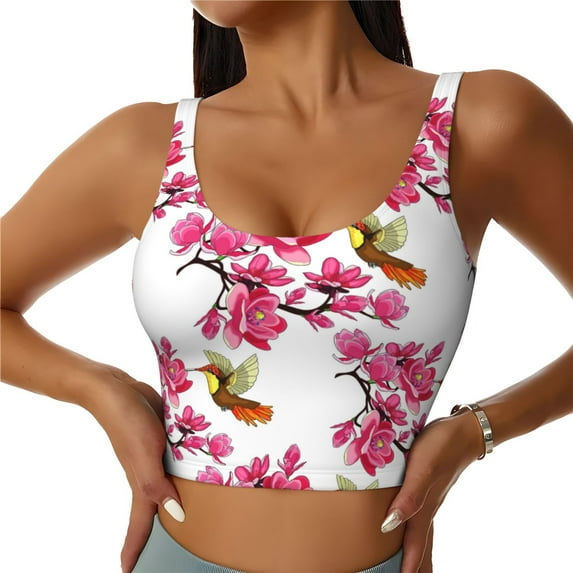 Sports Bras for Women High Support -Pink Magnolia Hummingbird Soft Athletic Crop Workout Tank Top for Women
