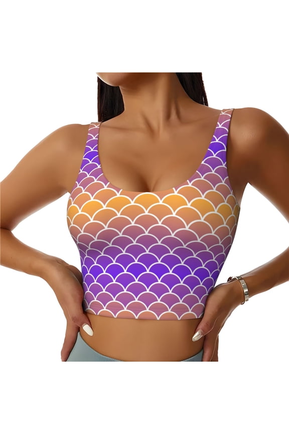 Sports Bras for Women High Support -Purple Orange Fish Scale Soft Athletic Crop Workout Tank Top for Women