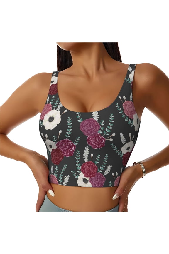 Sports Bras for Women High Support -Purple Red White Carnations Flowers Soft Athletic Crop Workout Tank Top for Women