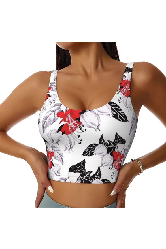 Sports Bras for Women High Support -Red White Flowers Black Soft Athletic Crop Workout Tank Top for Women