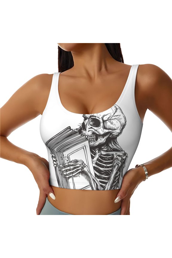 Sports Bras for Women High Support -Skeleton Book Lover Soft Athletic Crop Workout Tank Top for Women