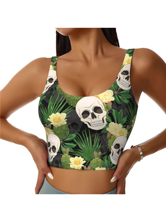 Sports Bras for Women High Support -Skull Cactus Blooming Soft Athletic Crop Workout Tank Top for Women