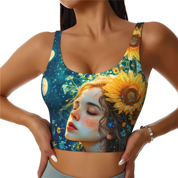 Sports Bras for Women High Support -Starry Sky Sunflower Princess Soft Athletic Crop Workout Tank Top for Women
