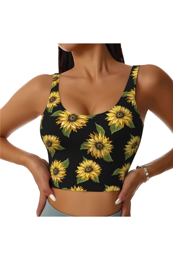 Sports Bras for Women High Support -Sunflowers Black Aesthetic Soft Athletic Crop Workout Tank Top for Women