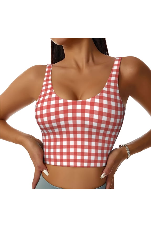 Sports Bras for Women High Support -Textured Red White Plaid Checkered Soft Athletic Crop Workout Tank Top for Women
