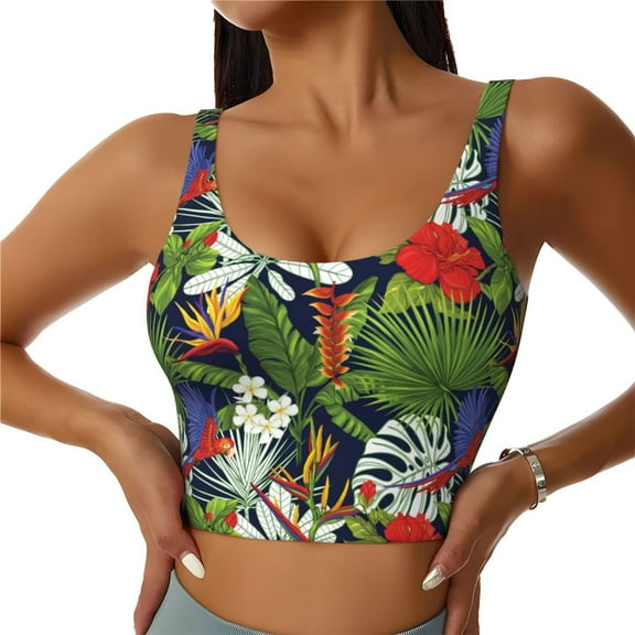 Sports Bras for Women High Support -Tropical Plant Cute Colorful Parrot Soft Athletic Crop Workout Tank Top for Women