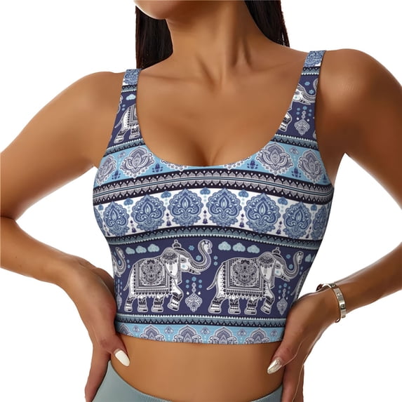 Sports Bras for Women High Support -Vintage Indian Lotus Elephant Blue Soft Athletic Crop Workout Tank Top for Women