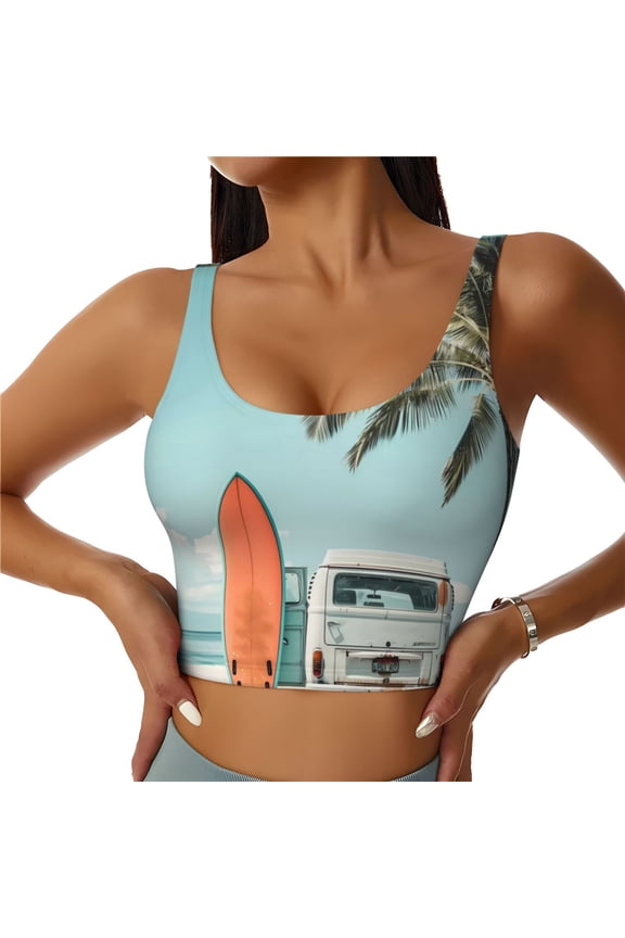 Sports Bras for Women High Support -Vintage Surf Van Beach Soft Athletic Crop Workout Tank Top for Women