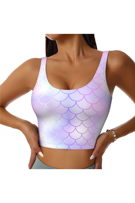 Sports Bras for Women High Support -Violet Pink Fish Scale Soft Athletic Crop Workout Tank Top for Women