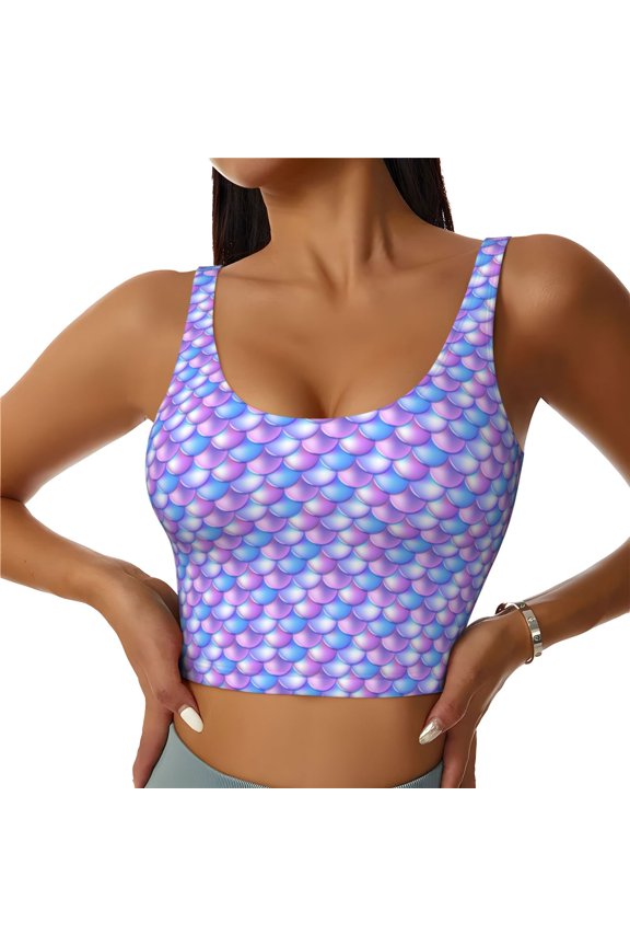 Sports Bras for Women High Support -Violet Purple Fish Scale Soft Athletic Crop Workout Tank Top for Women