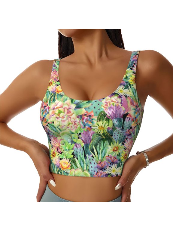 Sports Bras for Women High Support -Watercolor Blooming Cactus Soft Athletic Crop Workout Tank Top for Women
