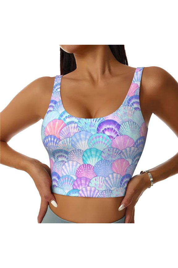 Sports Bras for Women High Support -Watercolor Sea Shells 1 Soft Athletic Crop Workout Tank Top for Women