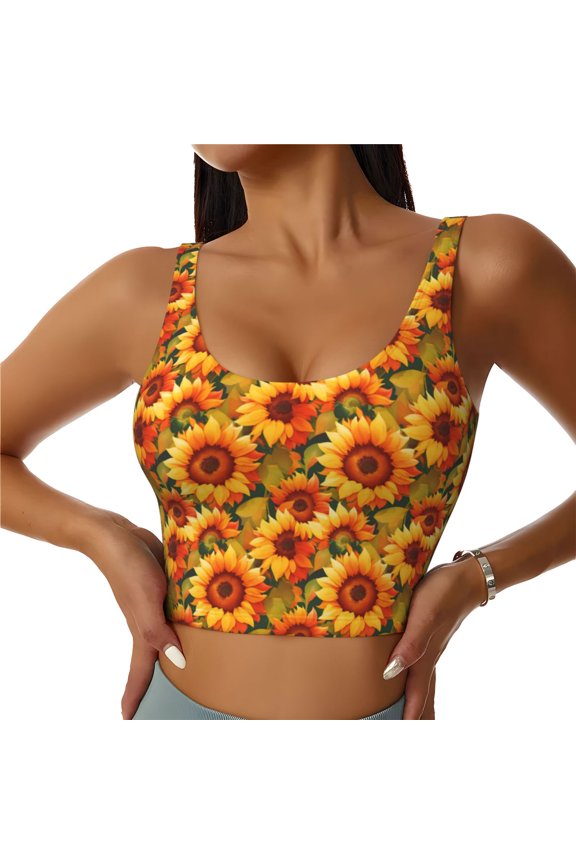 Sports Bras for Women High Support -Watercolor Sunflowers Aesthetic Cute Soft Athletic Crop Workout Tank Top for Women