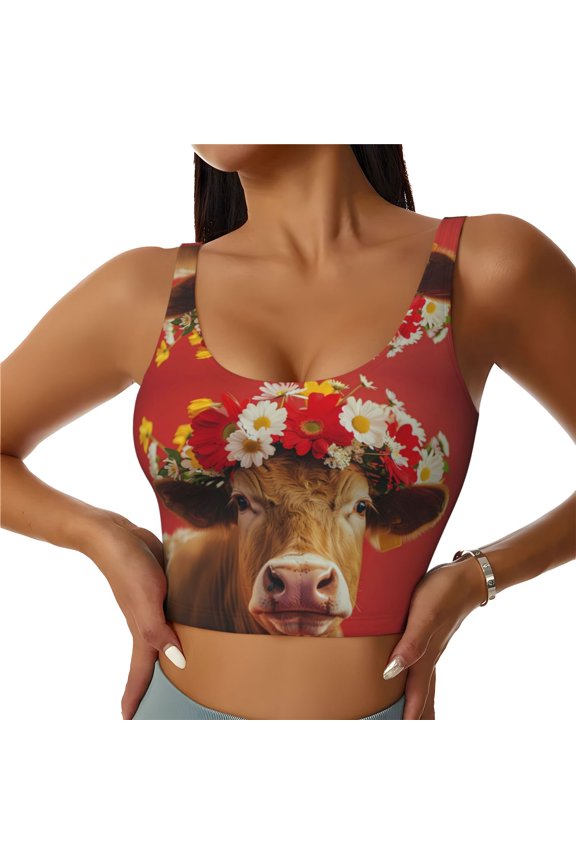 Sports Bras for Women High Support -White And Red Daisy Cow Soft Athletic Crop Workout Tank Top for Women