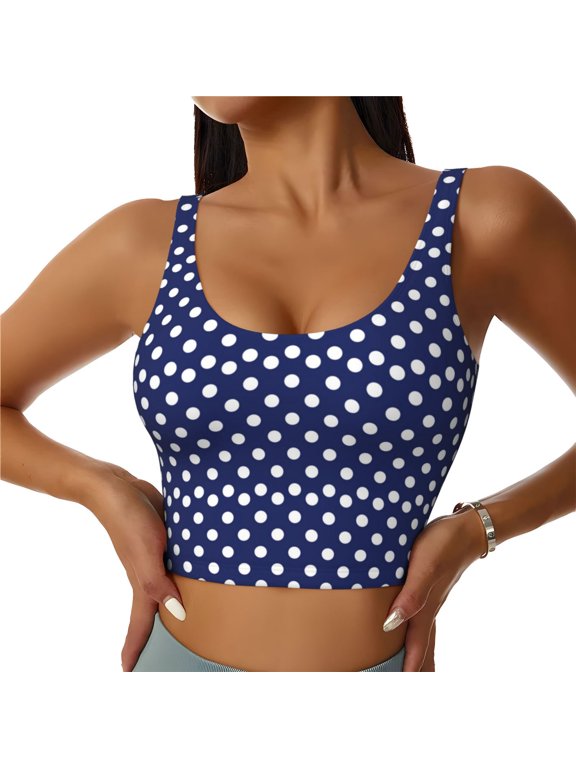Sports Bras for Women High Support -White Circles Polka Dot Navyblue Soft Athletic Crop Workout Tank Top for Women