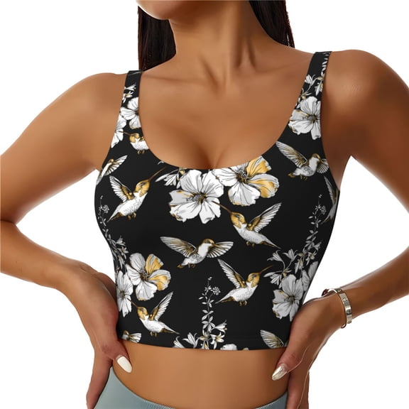 Sports Bras for Women High Support -White Flowers Hummingbirds Soft Athletic Crop Workout Tank Top for Women