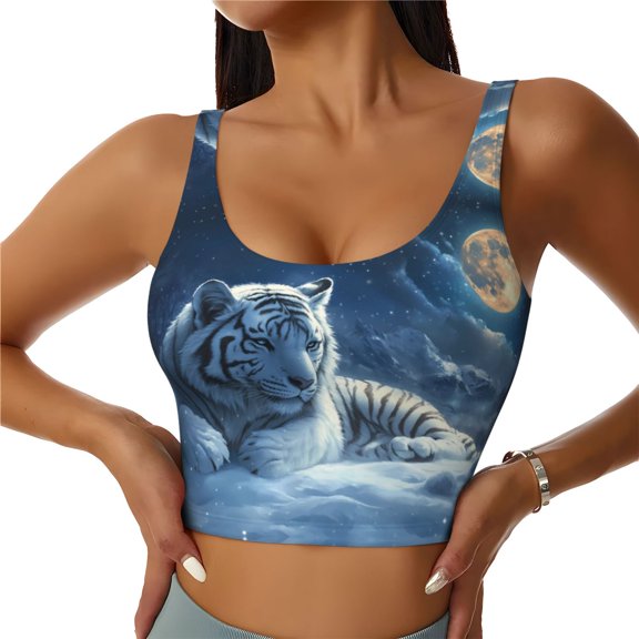 Sports Bras for Women High Support -White Tiger Under Full Moon A Soft Athletic Crop Workout Tank Top for Women