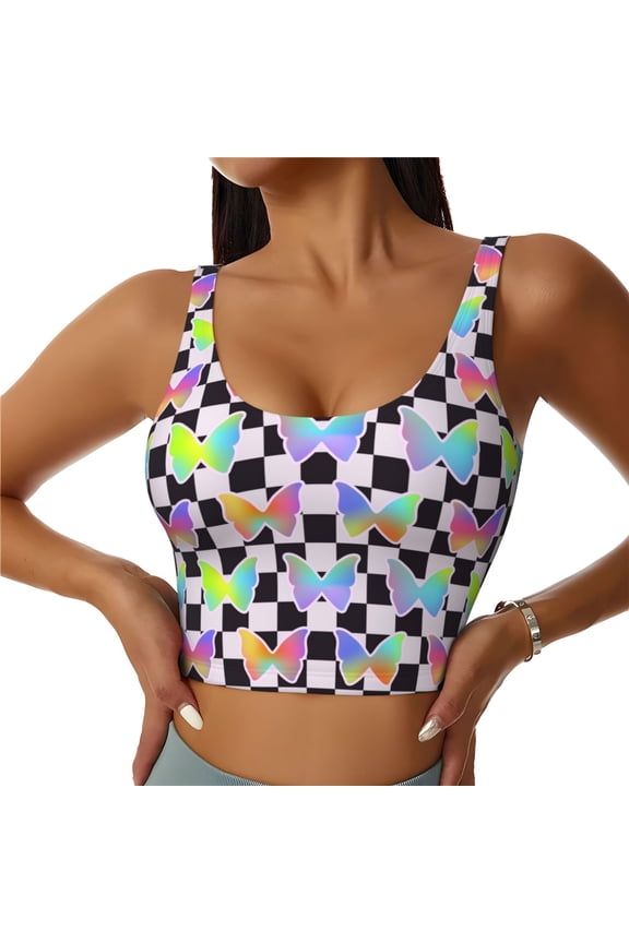 Sports Bras for Women High Support -Y2k Aesthetic Grid Butterfly Soft Athletic Crop Workout Tank Top for Women