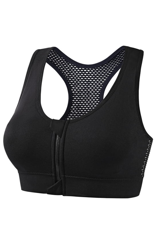 Sports Bras for Women Large Bust Plus Size Solid Color Underwire Front Zipper Back Gathered Black S-5XL