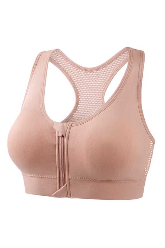 Sports Bras for Women Large Bust Plus Size Solid Color Underwire Front Zipper Back Gathered Pink S-5XL