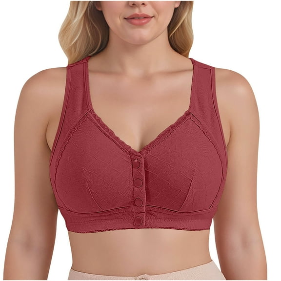 Sports Bras for Women Large Bust Underpants And Bra Without Underwire Cotton Gather Plussize Summer Thin Bra Front Button Vest Red Up to 65% Off!