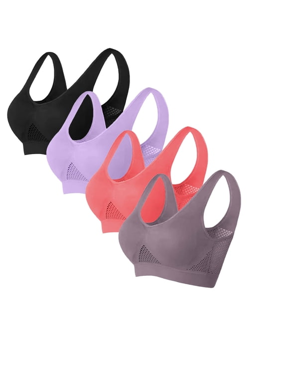 Womens Plus Size Sports Bras 4 Pack Casual Breathable Push-Up Hollow Out Wire-Free Pullover Bralettes Basic Solid Nylon Yoga Underwear Bra S-6X