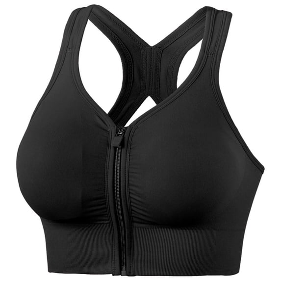 Sports Bras for Women Plus Size Solid Color Underwire Front Zipper Back Gathered Black M