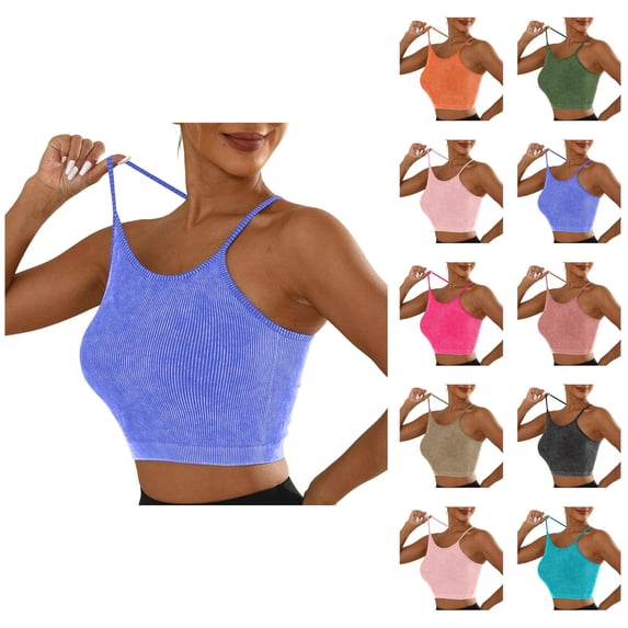 Sports Bras for Women Vintage Wash Spaghetti Strap Racerback High Impact Push Up Bra Workout Gym Yoga Bra Crop Top