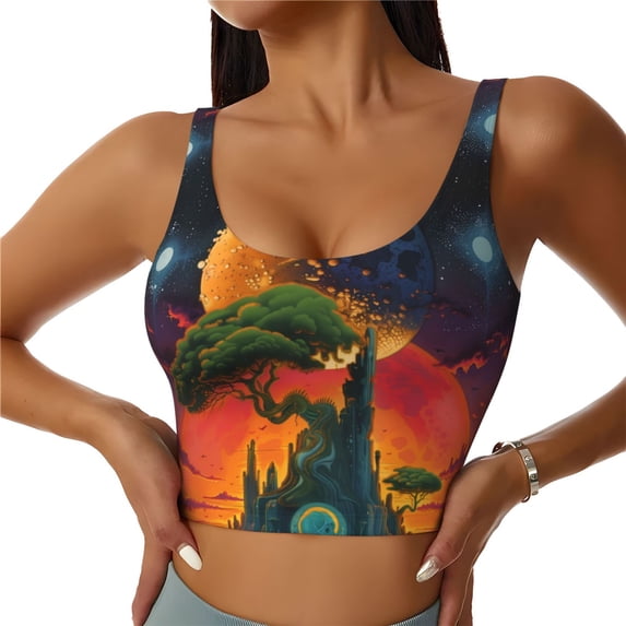 Sports Bras for Women Workout Tank Tops, Abstract Tree Castle Running Vest with Removable Cups