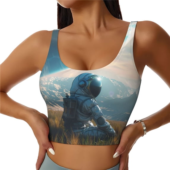 Sports Bras for Women Workout Tank Tops, Astronaut Contemplating Planet Running Vest with Removable Cups