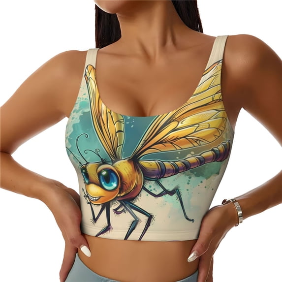 Sports Bras for Women Workout Tank Tops, Cartoon Dragonfly Art Running Vest with Removable Cups