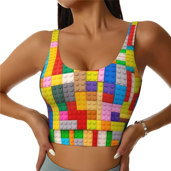 Sports Bras for Women Workout Tank Tops, Colorful Plastic Blocks Pattern Running Vest with Removable Cups