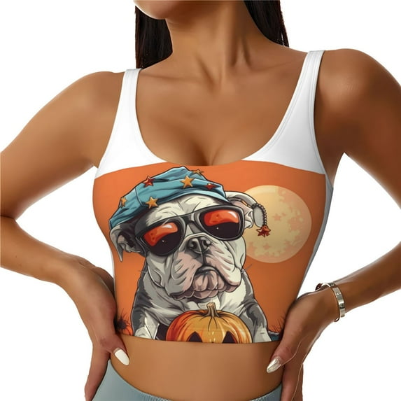 Sports Bras for Women Workout Tank Tops, Halloween Cool Bulldog Pumpkin Running Vest with Removable Cups
