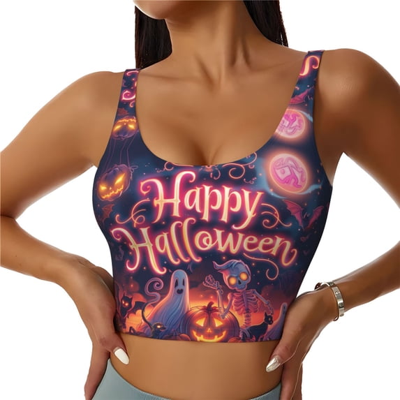 Sports Bras for Women Workout Tank Tops, Halloween Ghost Skull Pumpkin Running Vest with Removable Cups