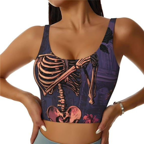 Sports Bras for Women Workout Tank Tops, Halloween Gothic Skull Rose C Running Vest with Removable Cups