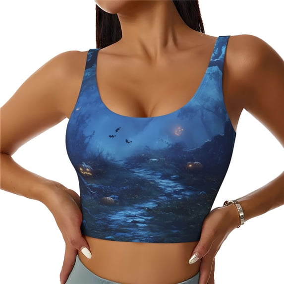 Sports Bras for Women Workout Tank Tops, Halloween Pumpkin Night Forest Running Vest with Removable Cups