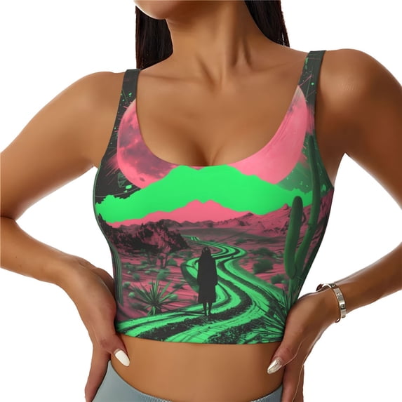 Sports Bras for Women Workout Tank Tops, Neon Desert Moon Running Vest with Removable Cups