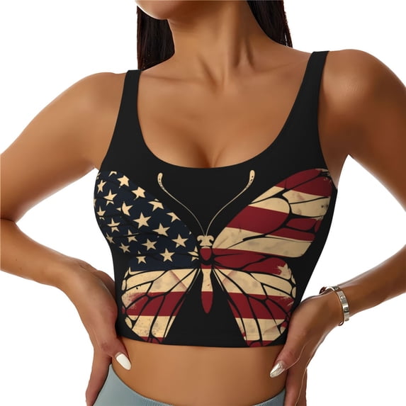 Sports Bras for Women Workout Tank Tops, Patriotic USA Butterfly Art Running Vest with Removable Cups