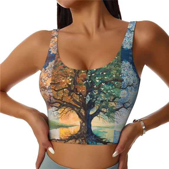 Sports Bras for Women Workout Tank Tops, Seasonal Tree Reflection Running Vest with Removable Cups