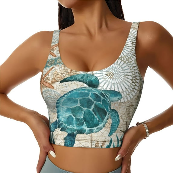 Sports Bras for Women Workout Tank Tops, Watercolor Sea Turtle Running Vest with Removable Cups